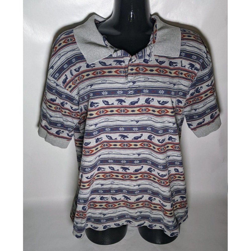 Vintage Woolrich Outdoor Polo Shirt Mens Large Fish Fishing Lure Rod 100% Cotton